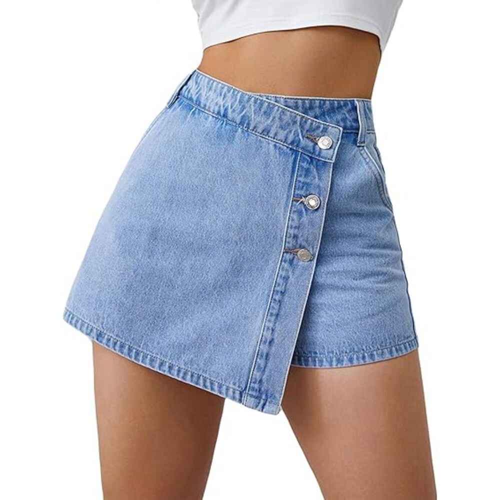 High Waisted Solid Button Up Asymmetrical Denim Shorts, LARGE, 6H-169B002